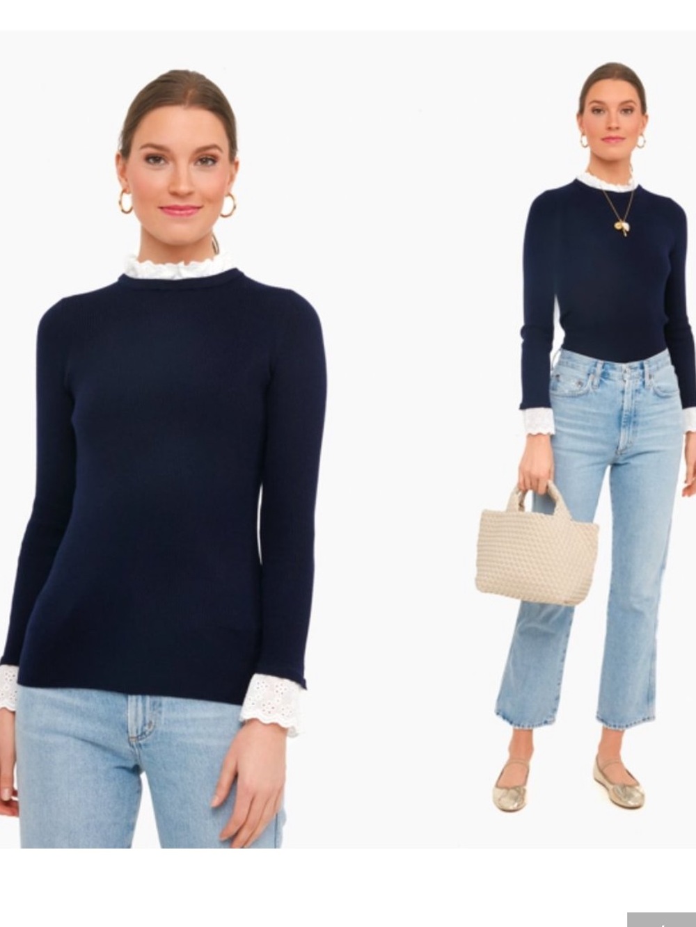 Tuckernuck Navy Rosemary Eyelet Preppy Layered Look Lace Knit Top Sweater Size M